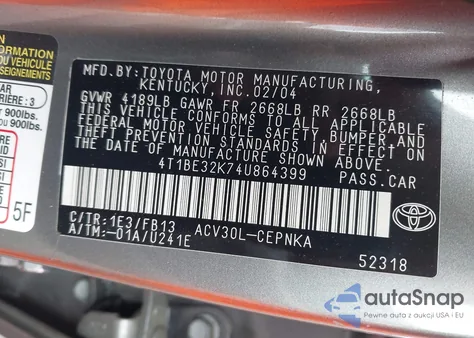 2004 Toyota Camry Le из США, поврежденный, VIN 4T1BE32K74U864399